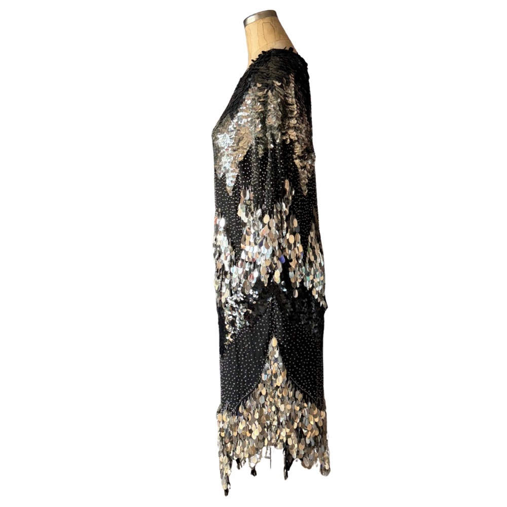 1980 Oleg Cassini Asymmetrical Cocktail Dress Black and Silver Sequins Size 10 - Picture 4 of 11